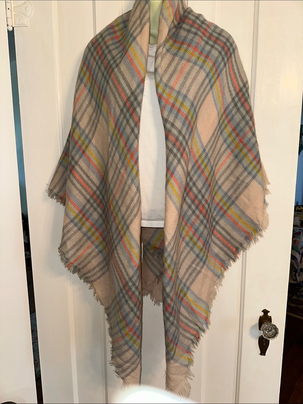 Youmi Inc. Neutral Plaid Fringed Blanket Wrap Shawl - Beige Multi-Stripe
